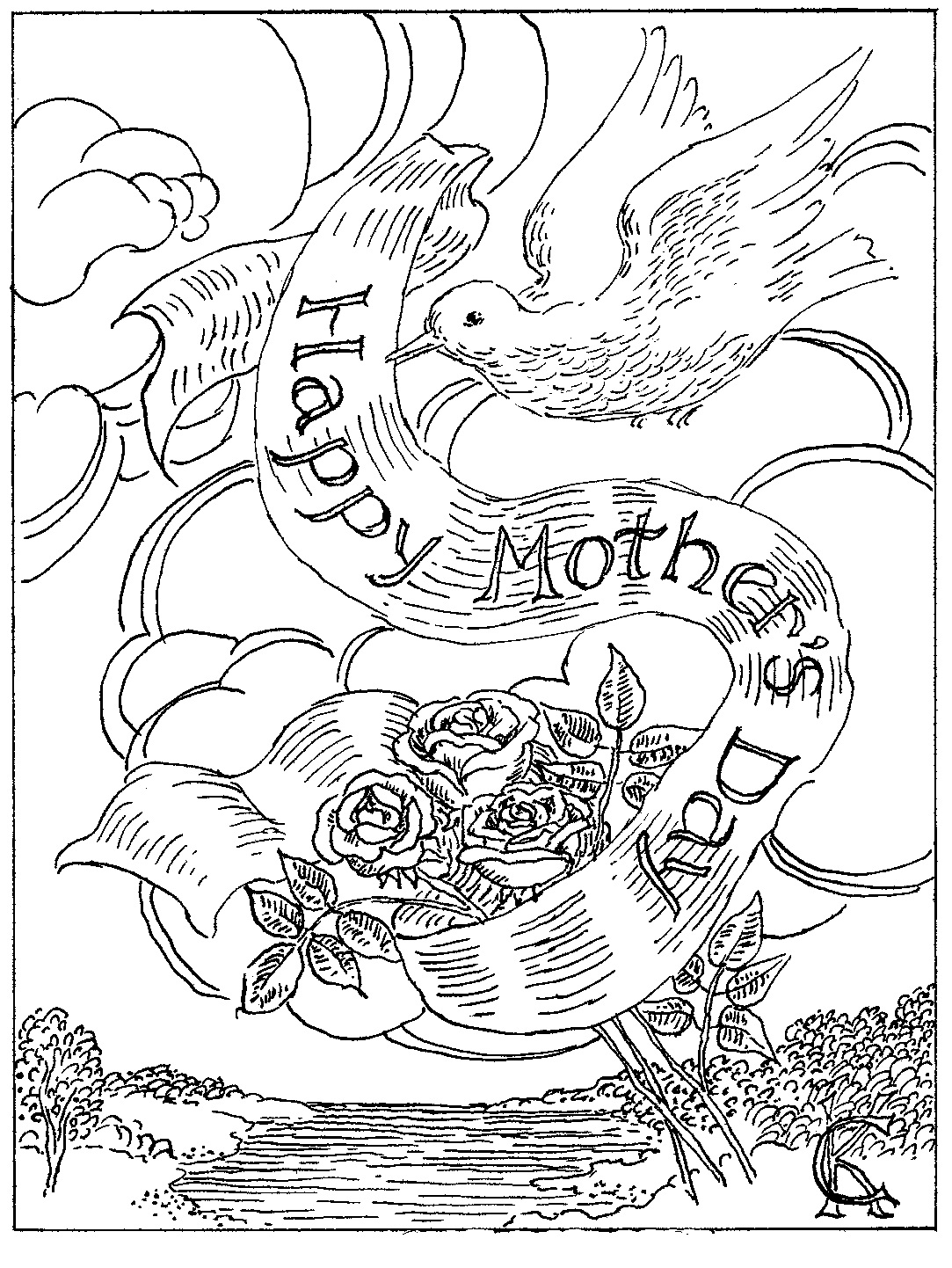 Online coloring book: Coloring book bird with ribbon Happy Mothers Day